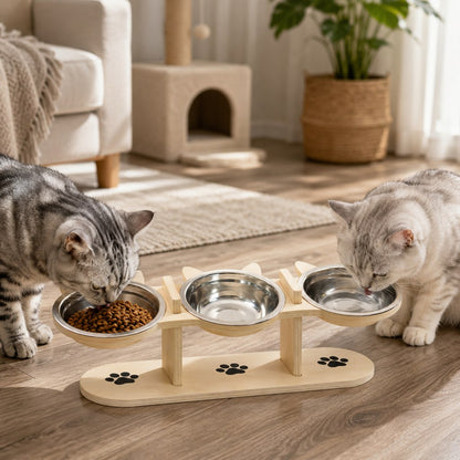 Natural wood three-bowl elevated cat feeder with two cats