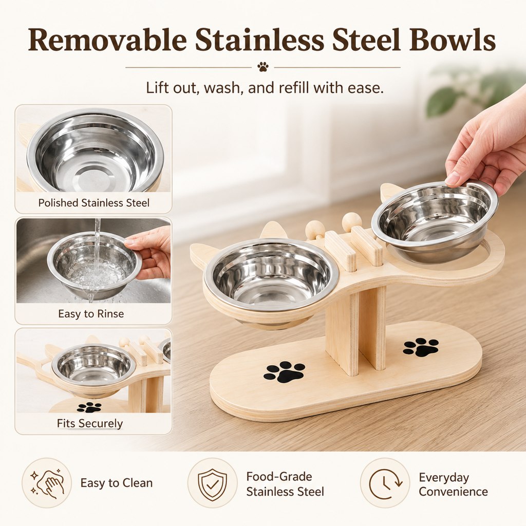 Removable stainless steel bowls for wooden elevated cat feeder