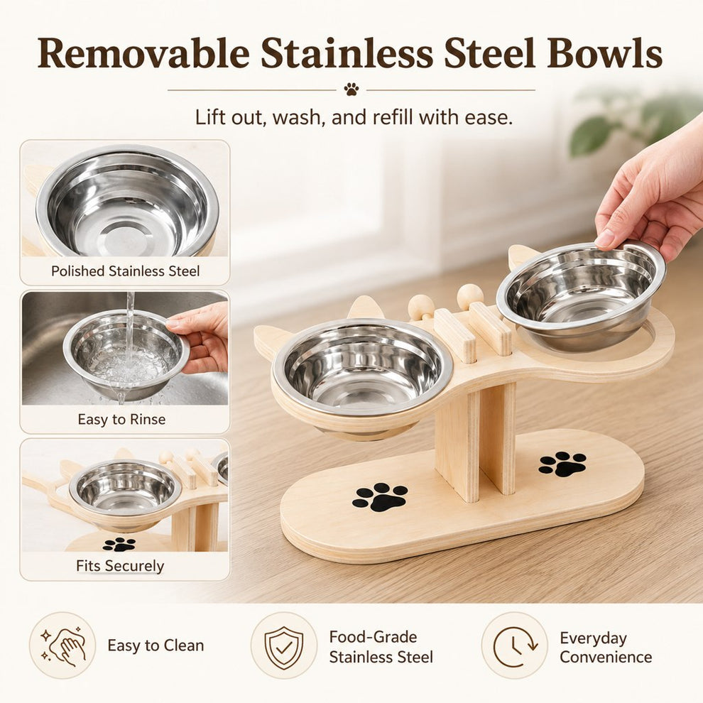 Removable stainless steel bowls for wooden elevated cat feeder