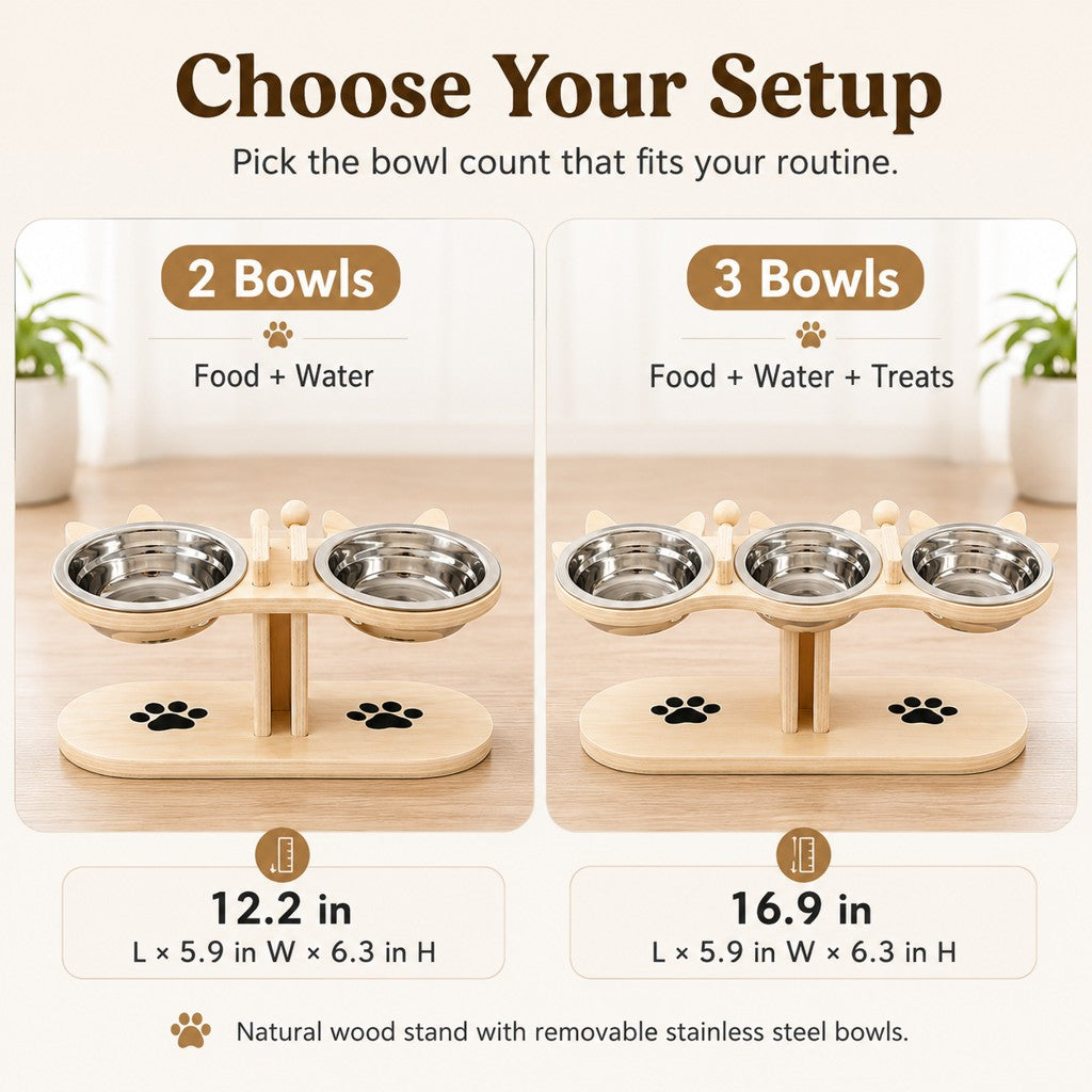 Two-bowl and three-bowl wooden cat feeding station comparison
