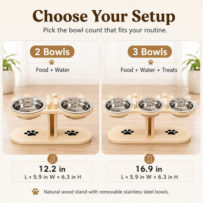 Two-bowl and three-bowl wooden cat feeding station comparison