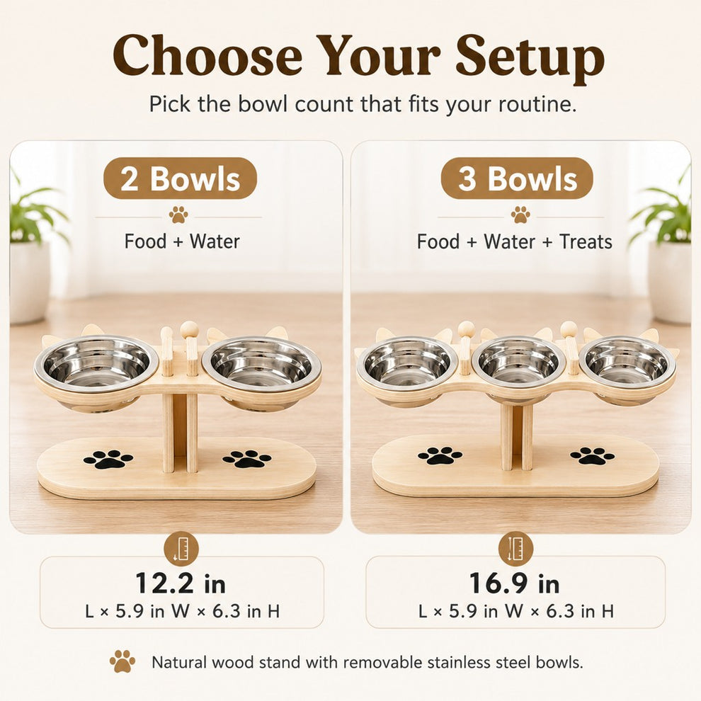 Two-bowl and three-bowl wooden cat feeding station comparison