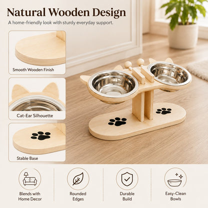 Cat-ear frame and oval base on natural wooden cat feeder