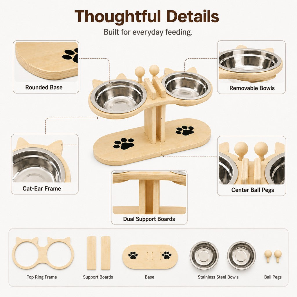 Wooden cat feeding stand parts and stainless steel bowl details