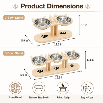 Dimensions of two-bowl and three-bowl raised cat feeding stations