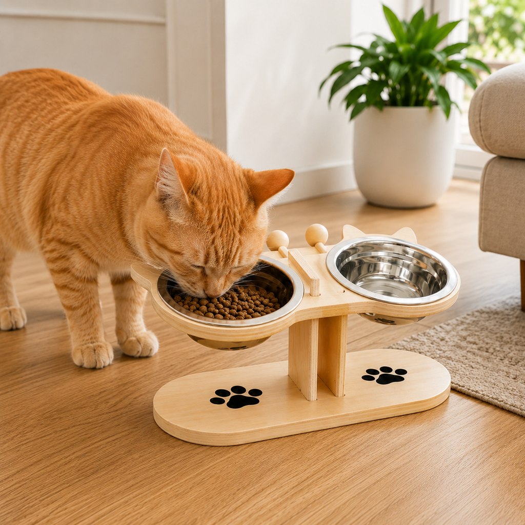 Natural wood two-bowl elevated cat feeder with a cat