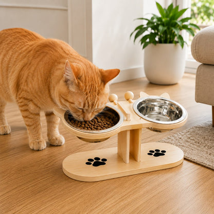 Natural wood two-bowl elevated cat feeder with a cat