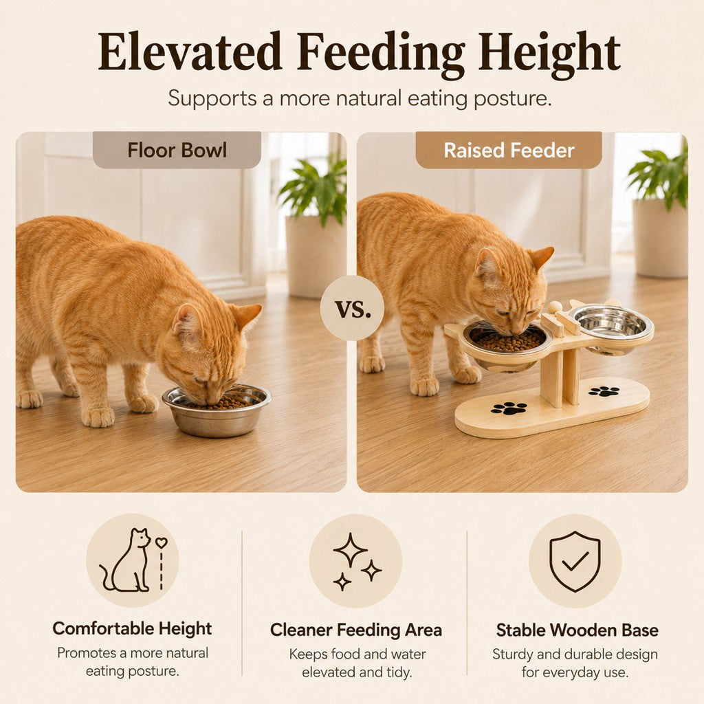 Cat eating from an elevated wooden feeding station