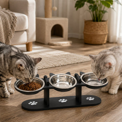 Black three-bowl elevated cat feeding station with two cats
