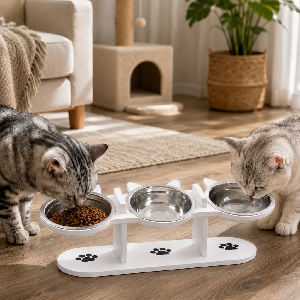 White three-bowl elevated cat feeding station with two cats
