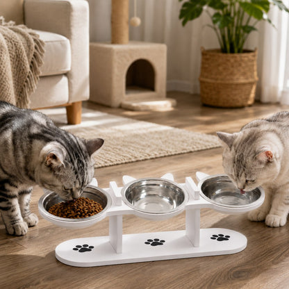 White three-bowl elevated cat feeding station with two cats