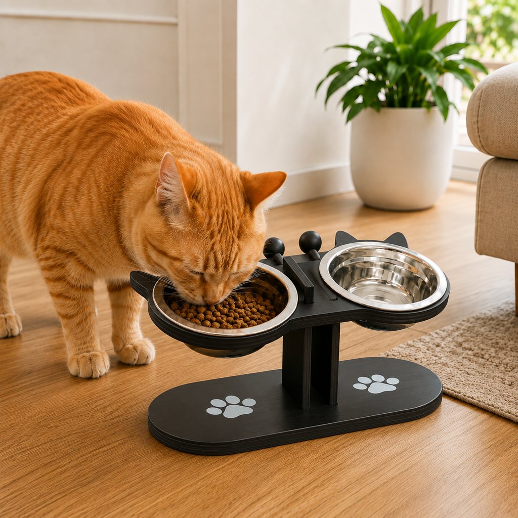 Black two-bowl elevated cat feeder with a cat