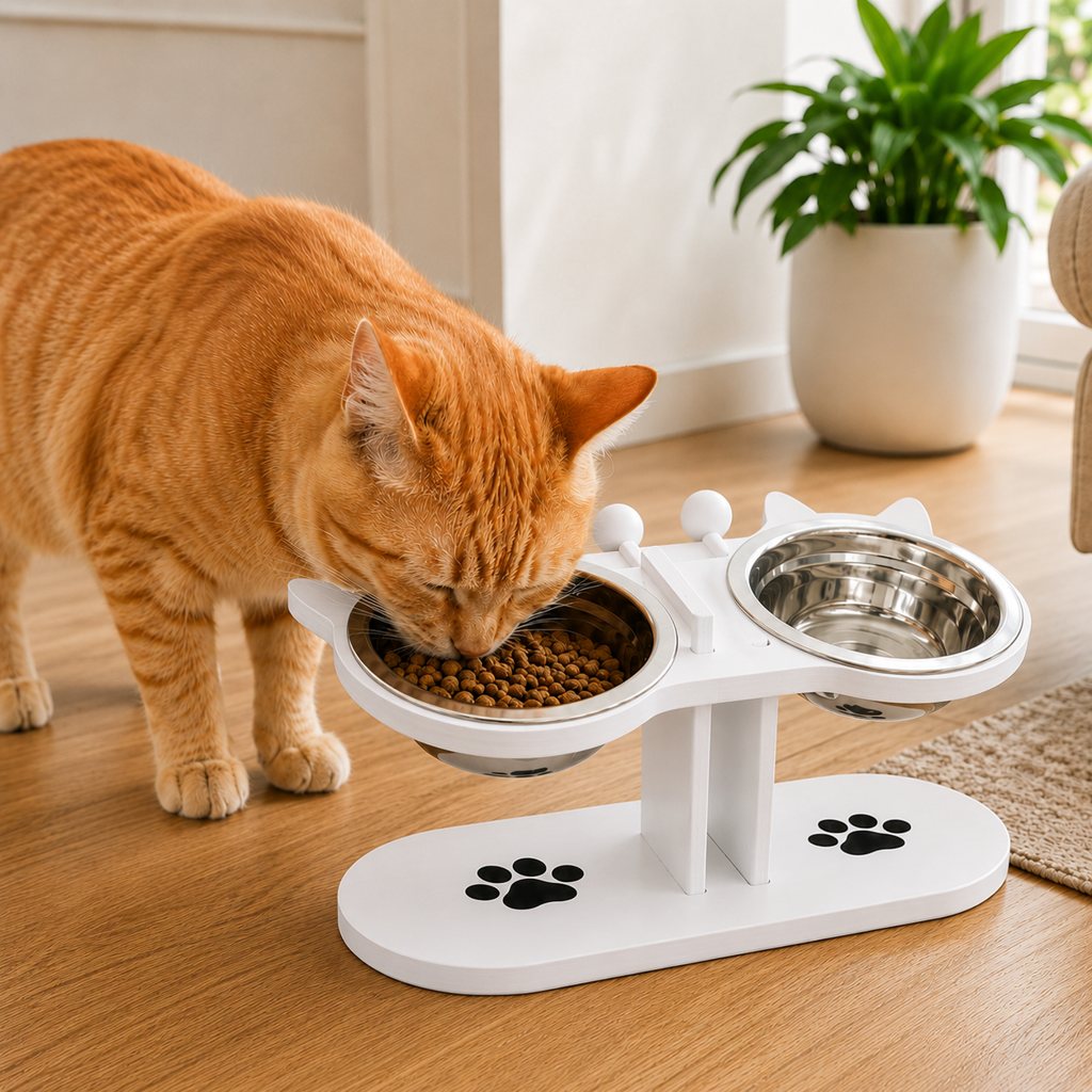 White two-bowl elevated cat feeder with a cat