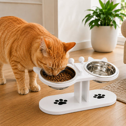White two-bowl elevated cat feeder with a cat