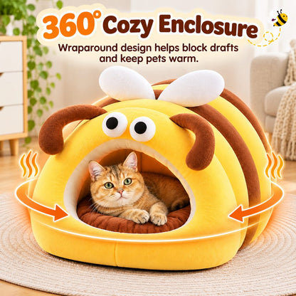 Enclosed plush bee cat bed with a sheltered sleeping space