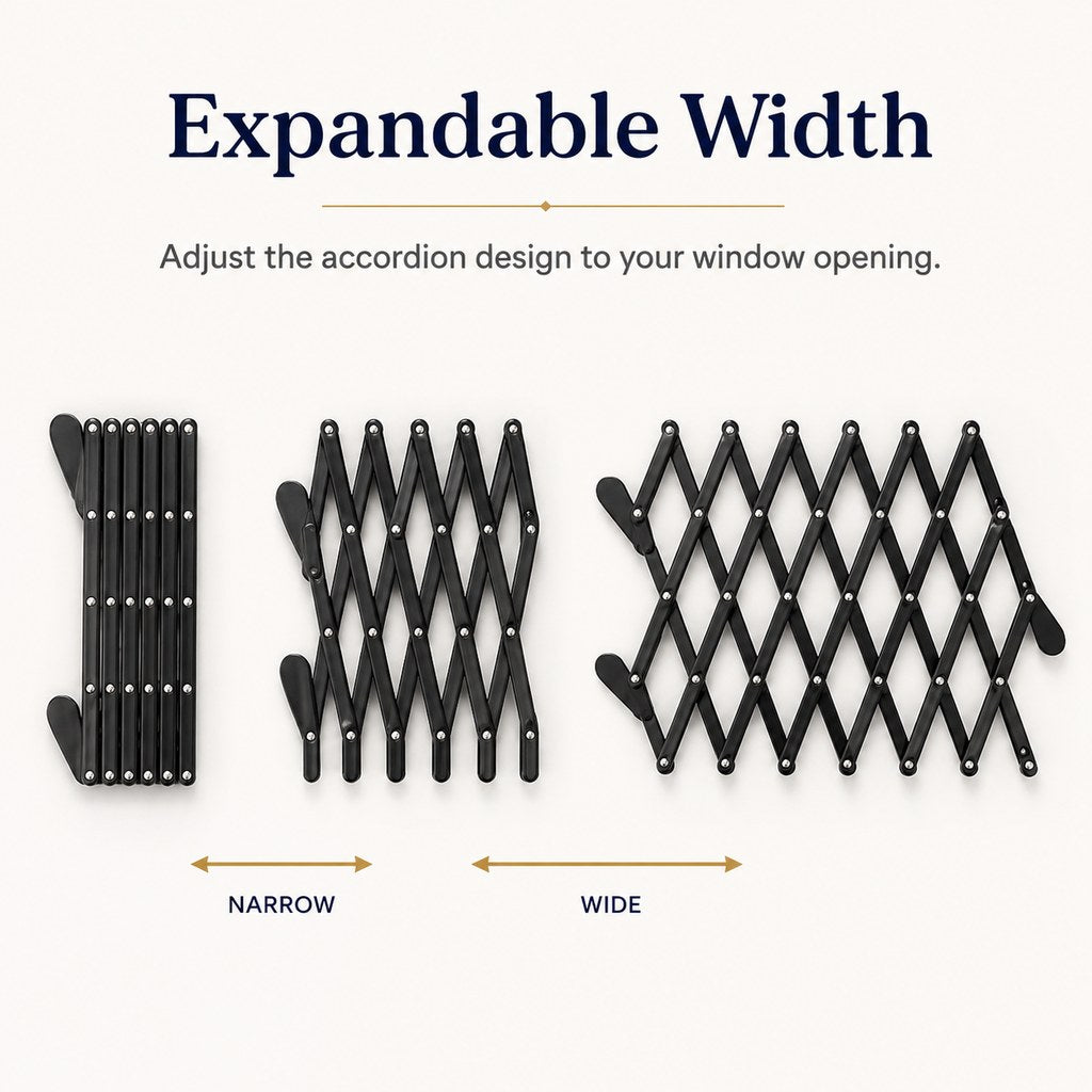 Expandable accordion dog car window guard width adjustment