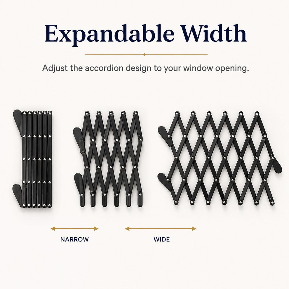 Expandable accordion dog car window guard width adjustment