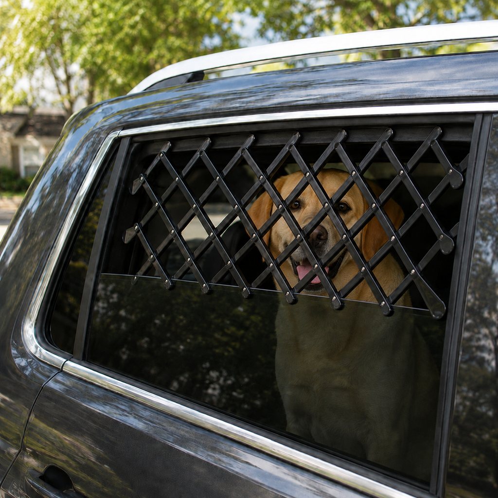 Expandable dog car window guard installed on rear side window