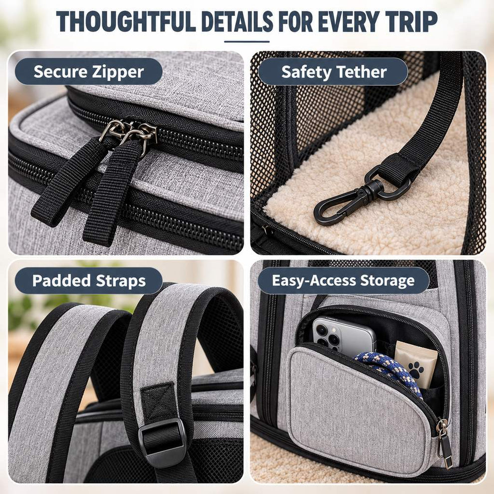 Secure zipper, safety tether, padded straps and storage pocket details