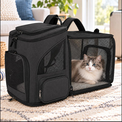 Black expandable pet carrier backpack with mesh rest compartment