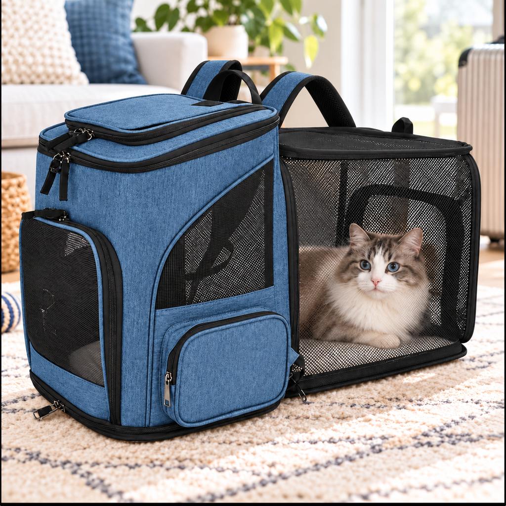 Blue expandable pet carrier backpack with mesh rest compartment