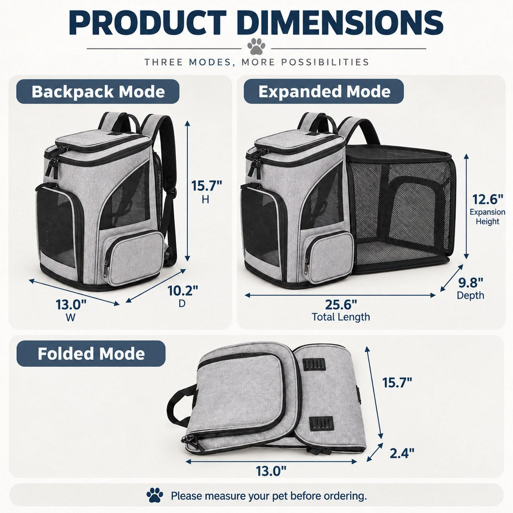 Expandable pet carrier backpack dimensions in travel, expanded and folded modes