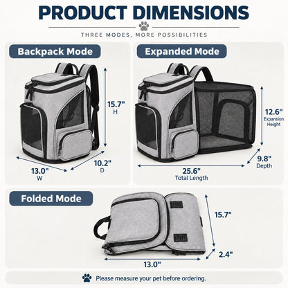 Expandable pet carrier backpack dimensions in travel, expanded and folded modes
