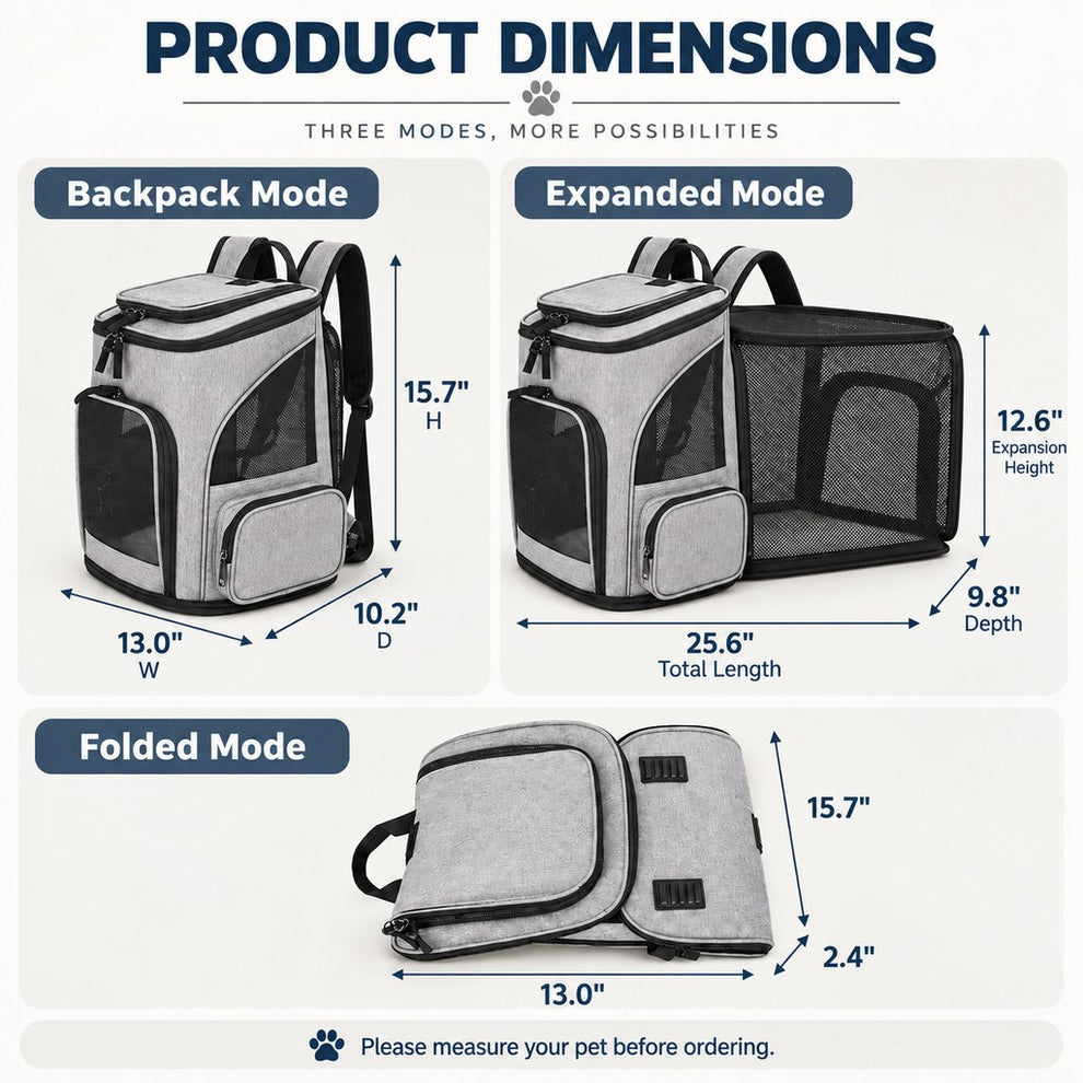 Expandable pet carrier backpack dimensions in travel, expanded and folded modes