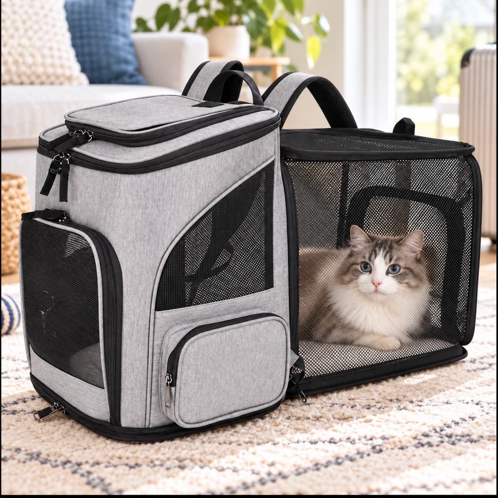 Gray expandable pet carrier backpack with extra mesh rest space