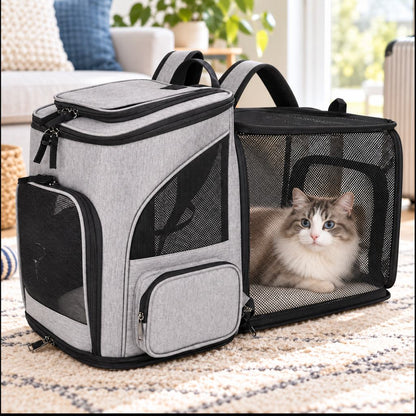 Gray expandable pet carrier backpack with extra mesh rest space