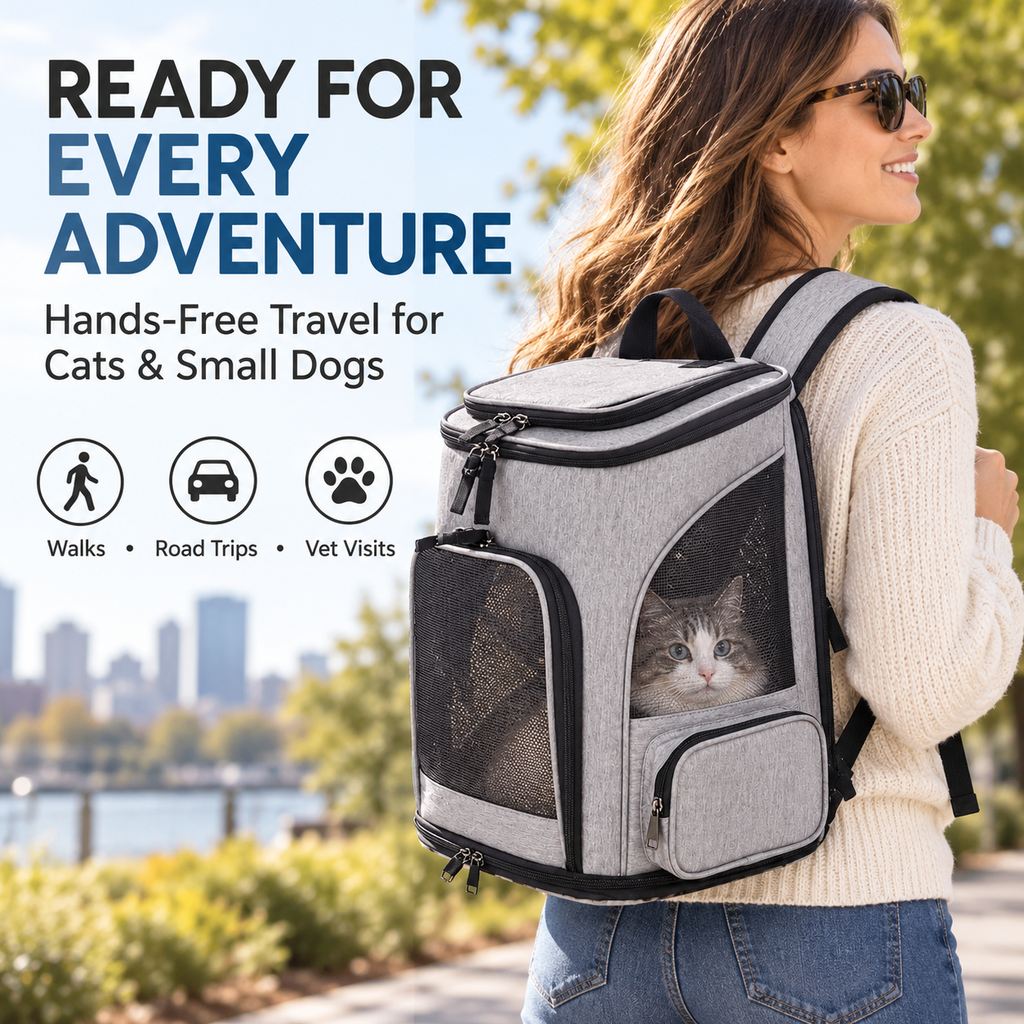 Gray expandable pet carrier backpack for cats and small dogs on outdoor trips
