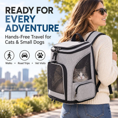 Gray expandable pet carrier backpack for cats and small dogs on outdoor trips