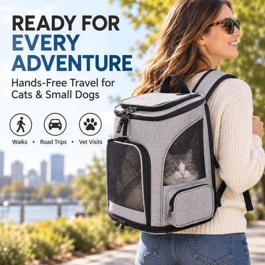 Gray expandable pet carrier backpack for cats and small dogs on outdoor trips