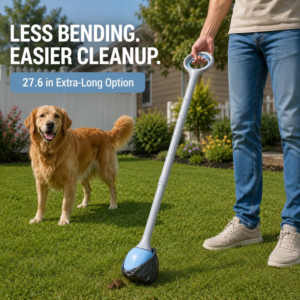 Extra-long dog pooper scooper for less bending during cleanup