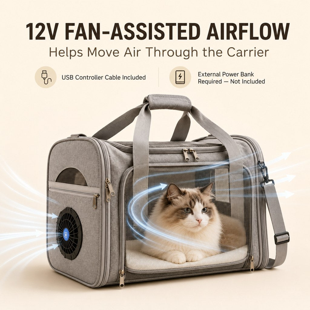 Side fan-assisted airflow detail for pet carrier