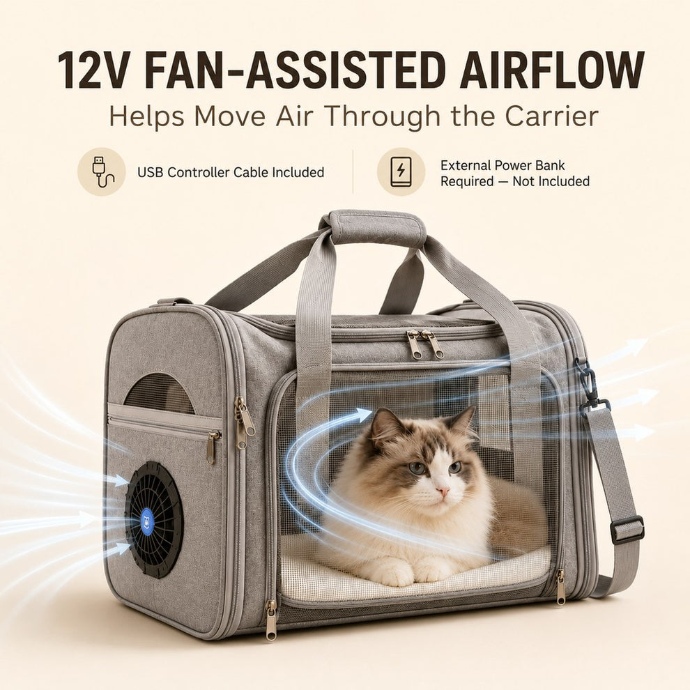 Side fan-assisted airflow detail for pet carrier