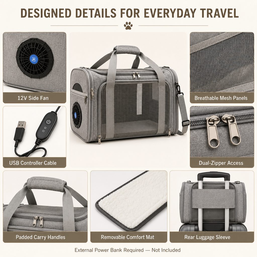 Fan-assisted pet carrier designed details