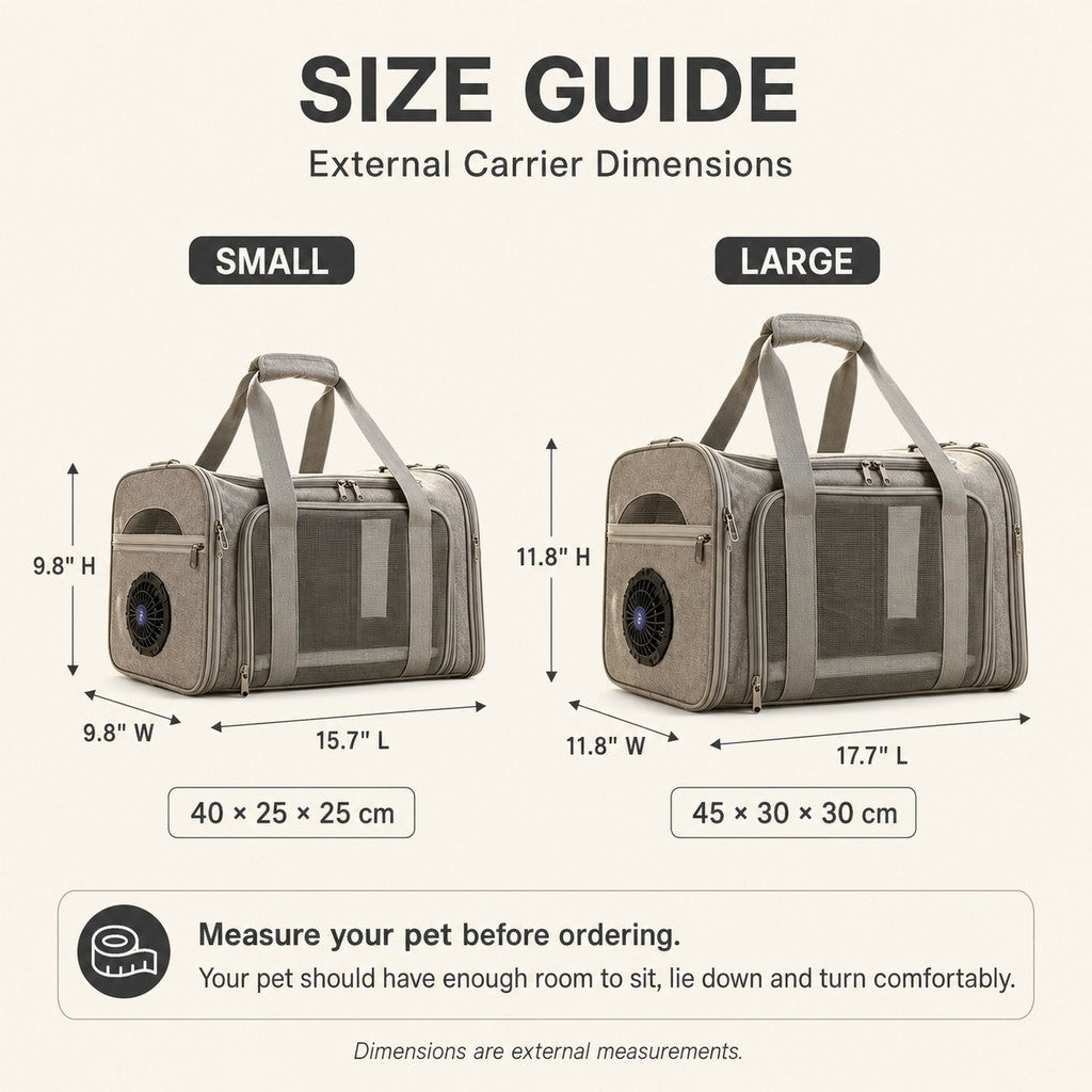 Fan-assisted pet carrier external dimensions size guide
