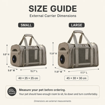 Fan-assisted pet carrier external dimensions size guide
