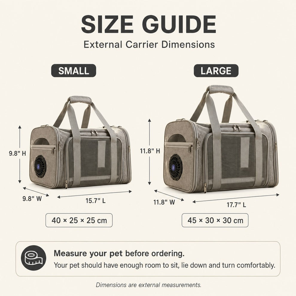 Fan-assisted pet carrier external dimensions size guide