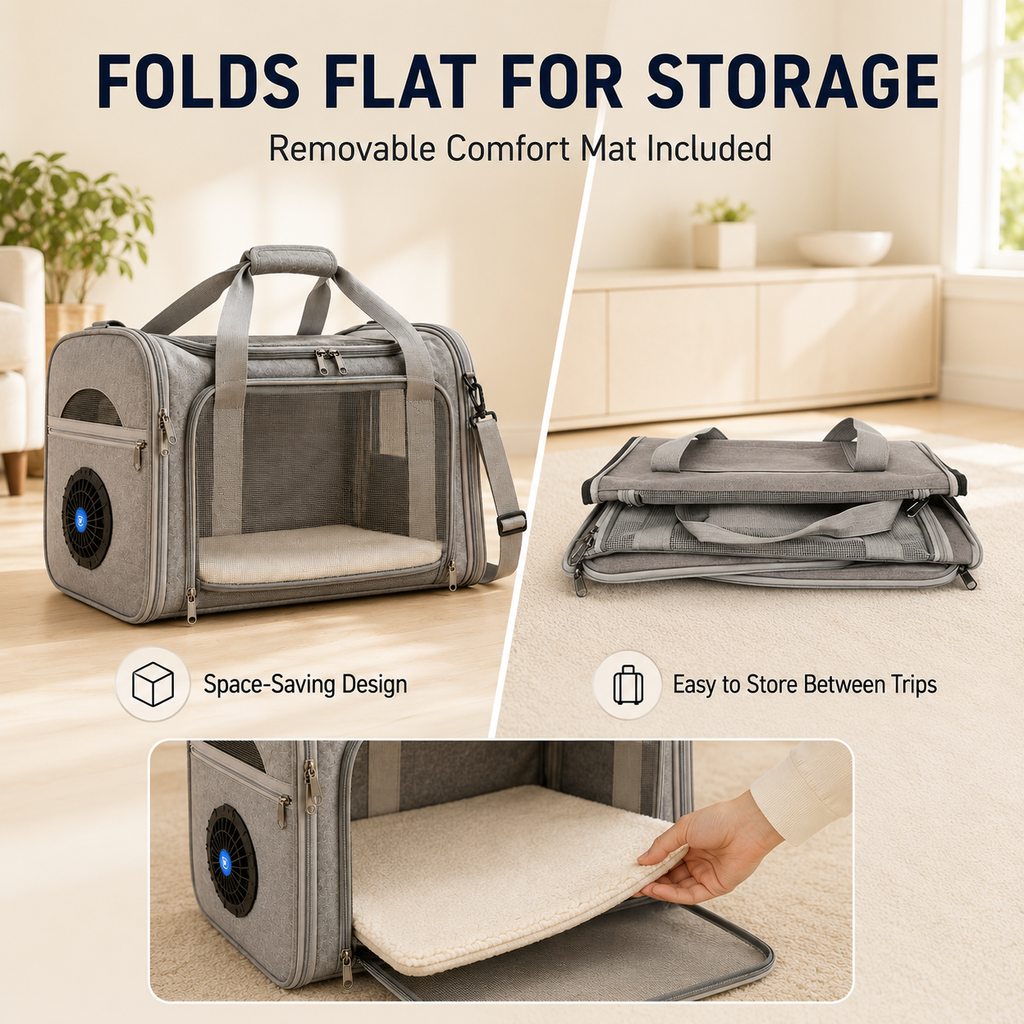 Fold-flat soft-sided pet carrier storage