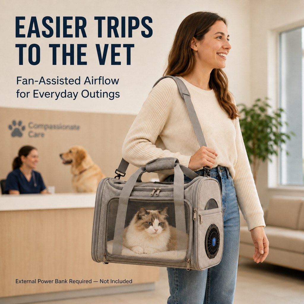 Fan-assisted pet carrier lifestyle image