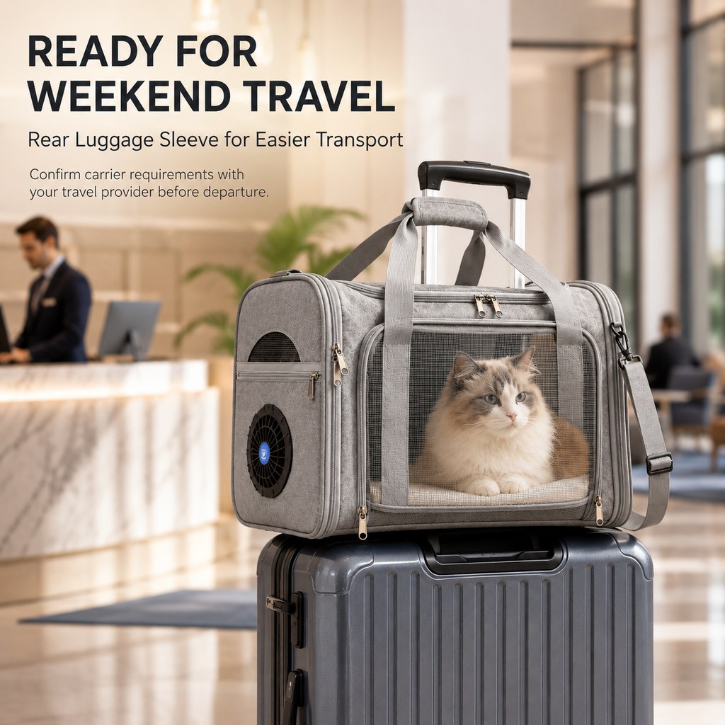 Pet carrier on rolling suitcase for travel
