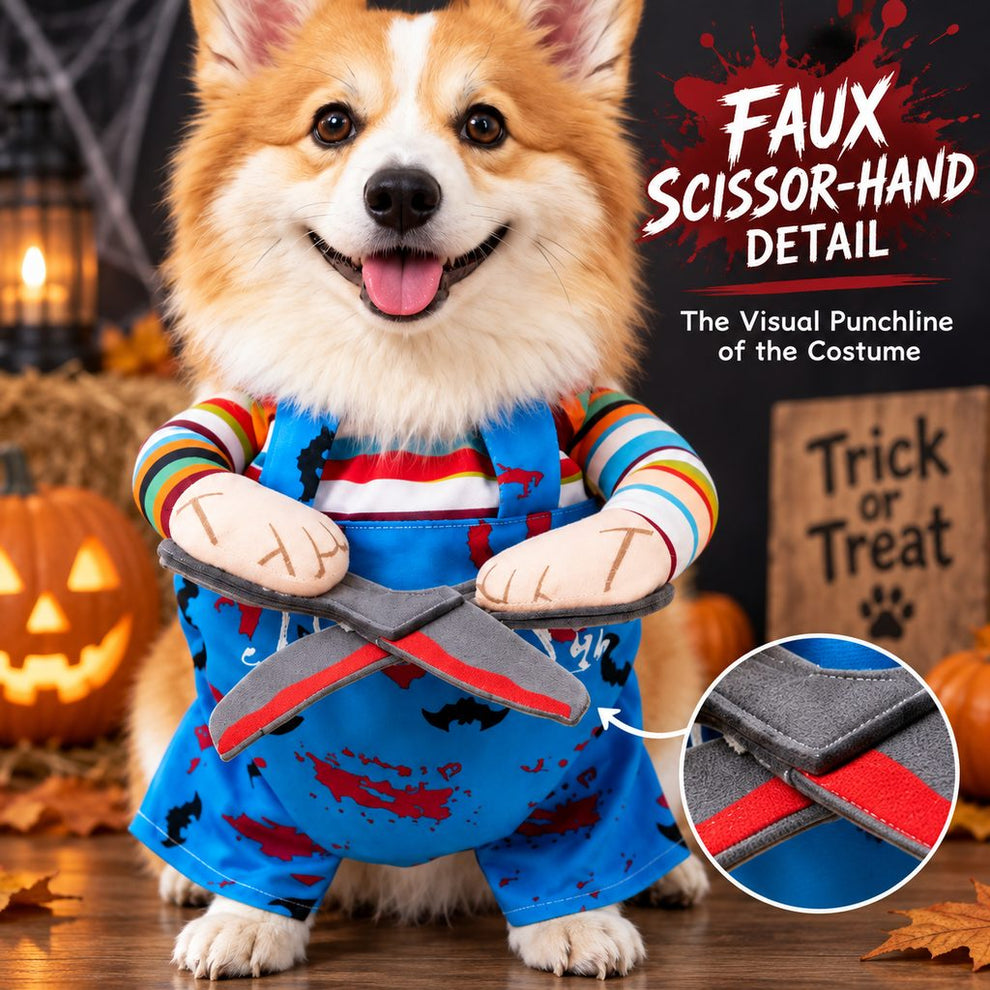 Decorative faux scissor hand detail on dog Halloween costume