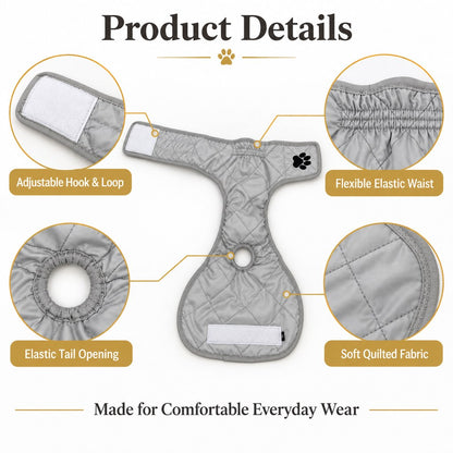 gray female dog diaper hook loop elastic waist and tail opening details