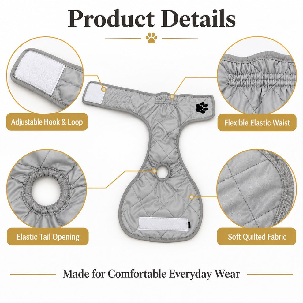 gray female dog diaper hook loop elastic waist and tail opening details