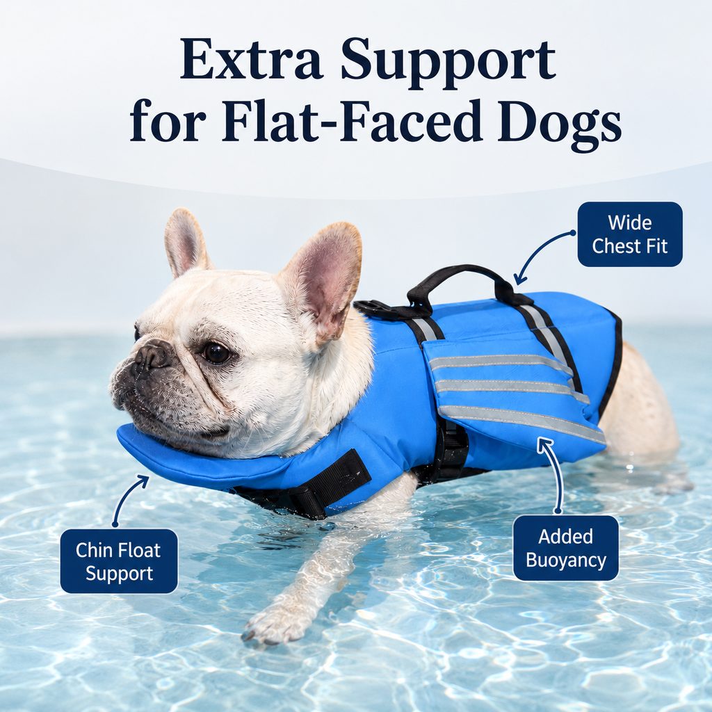 Flat-faced dog life jacket with extra support