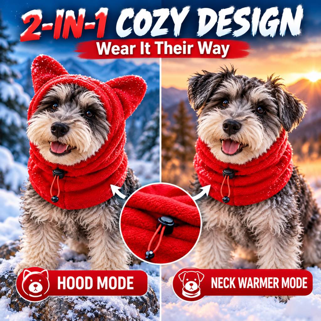 Dog fleece hood and neck warmer two-in-one design