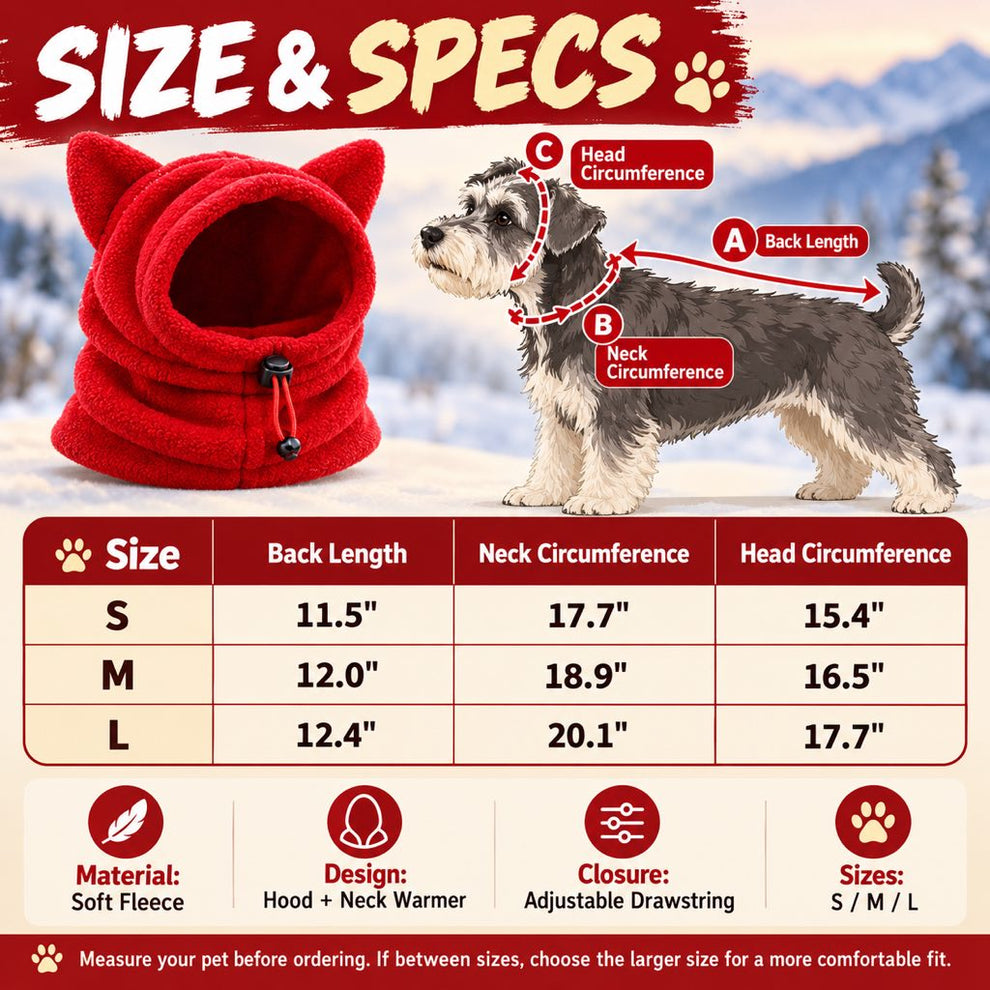 Fleece winter pet hood size guide