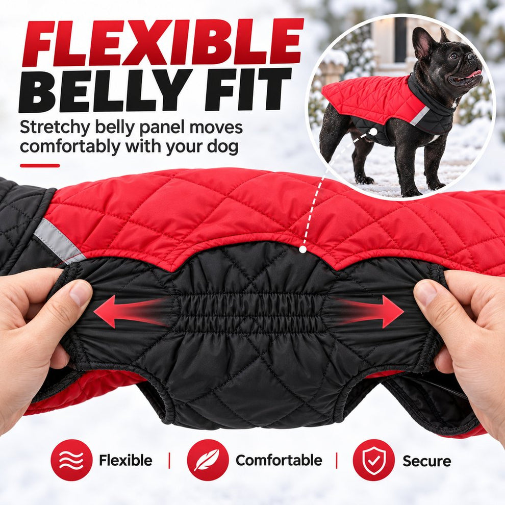 Flexible elastic belly panel on reversible dog winter coat